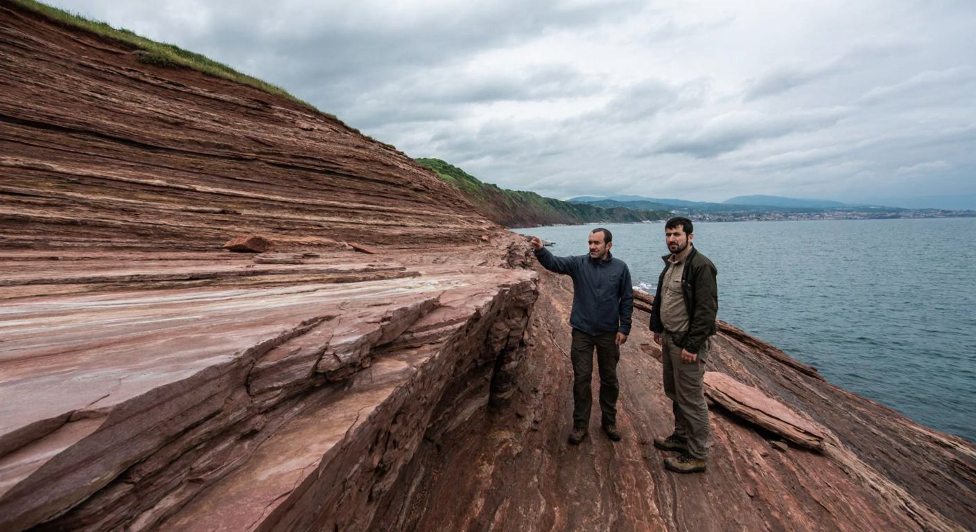 A rugged coastline near Trabzon with layered rock formations under a cloudy sky, where two geologists in field attire examine a crack in the earth, one gesturing toward the sea with a serious expression.