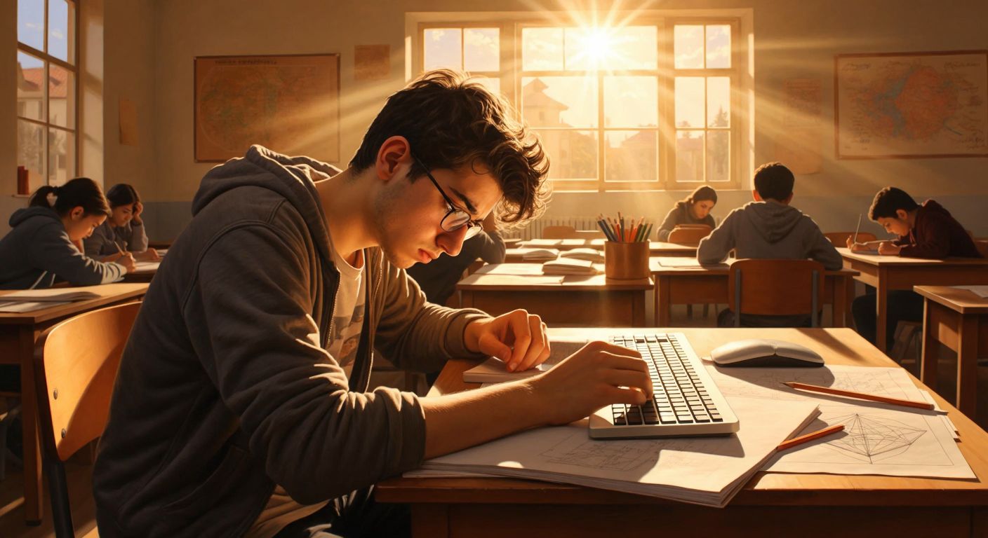 A frustrated student sits at a wooden desk in a sunlit Turkish classroom, staring at a keyboard while holding a pencil over a notebook with geometric diagrams.