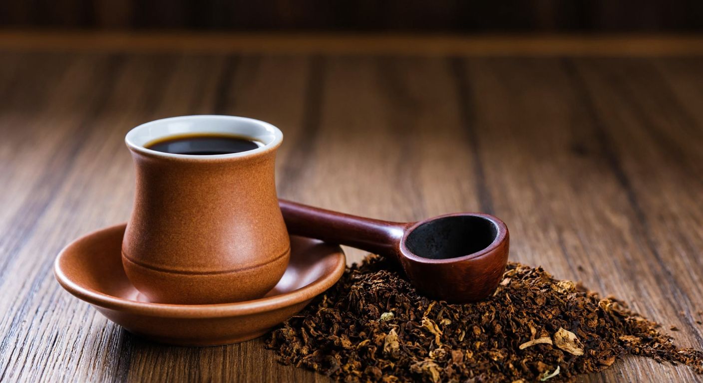 A warm, creamy tobacco blend in a traditional Turkish pipe, resting on a wooden table beside a small cup of strong Turkish coffee, evoking a rich, sweet, and smoky aroma.