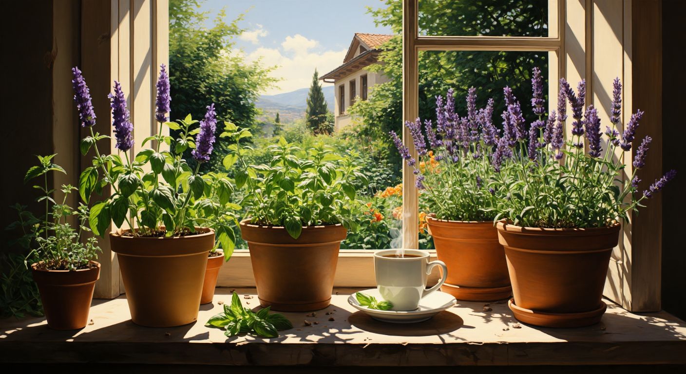 A sunny Turkish garden with potted mint, lavender, and basil plants, a small bowl of vinegar, and a steaming cup of coffee, while bees hover at a distance, deterred by the strong scents.