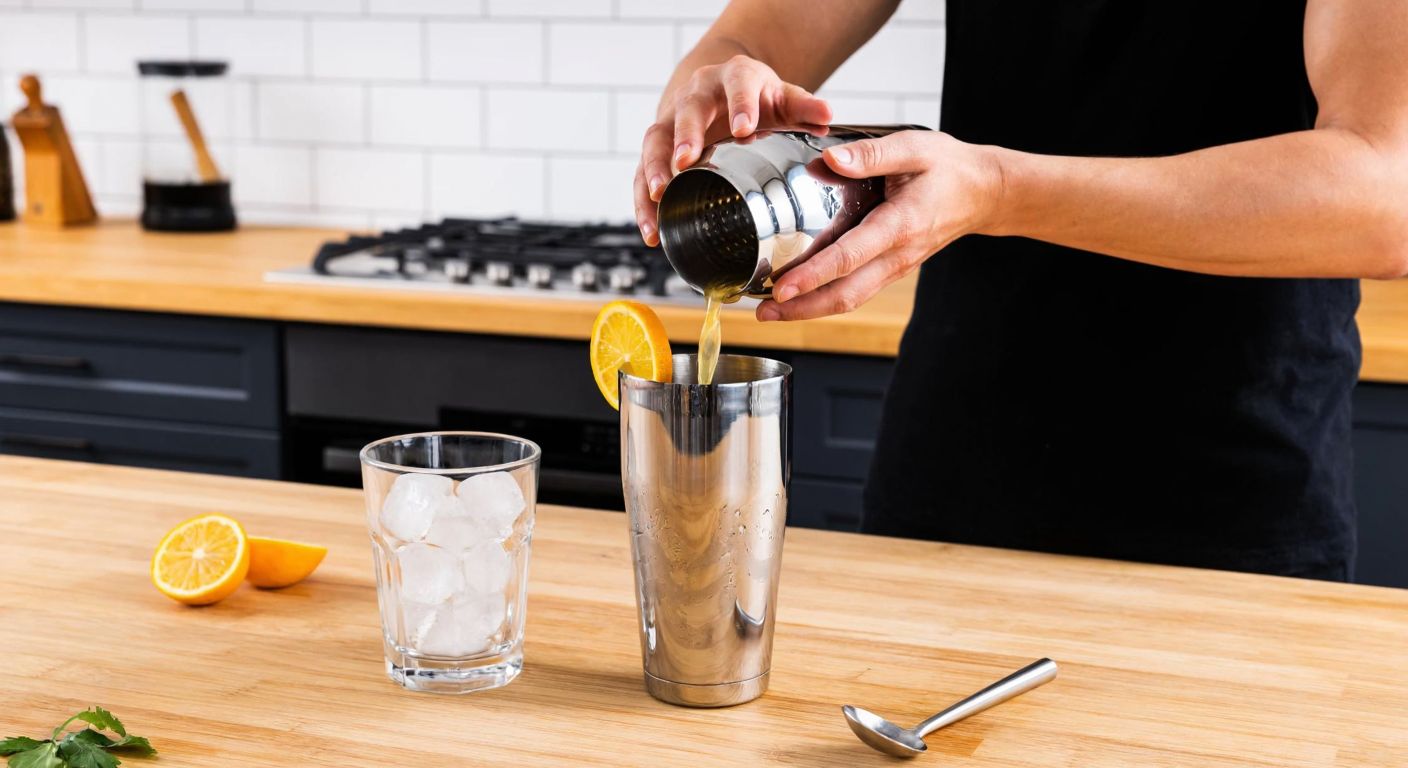 A person’s hands vigorously shaking a stainless steel Boston shaker filled with ice and cocktail ingredients, with a citrus garnish and a glass ready for pouring on a wooden kitchen counter.