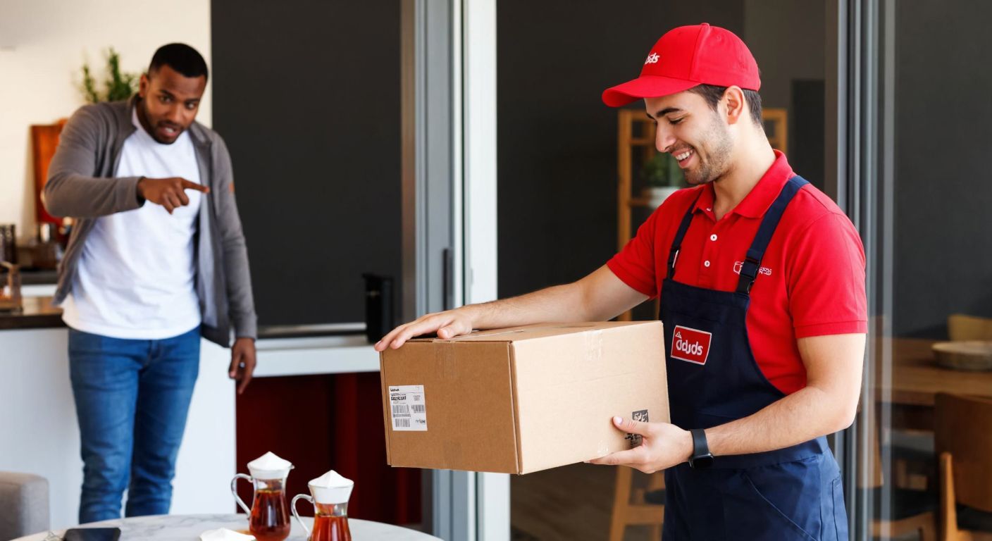 A split-image showing a frustrated customer pointing at a damaged package on one side, and a smiling delivery worker in a Doğuş Kargo uniform carefully handling a box on the other, with a traditional Turkish tea set in the background.