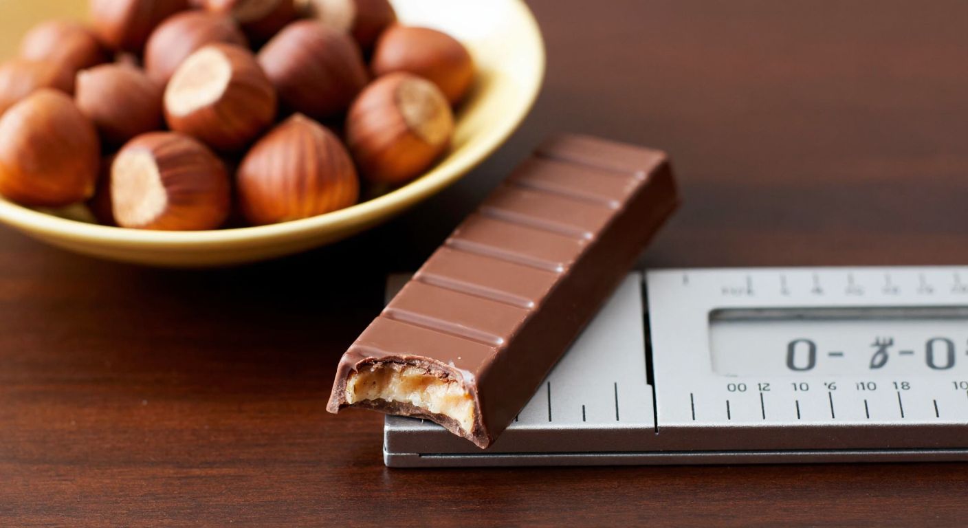 A small, unwrapped Tadelle hazelnut-filled milk chocolate bar placed on a wooden table next to a measuring scale, with a bowl of fresh hazelnuts in the background, evoking a sense of mindful indulgence.