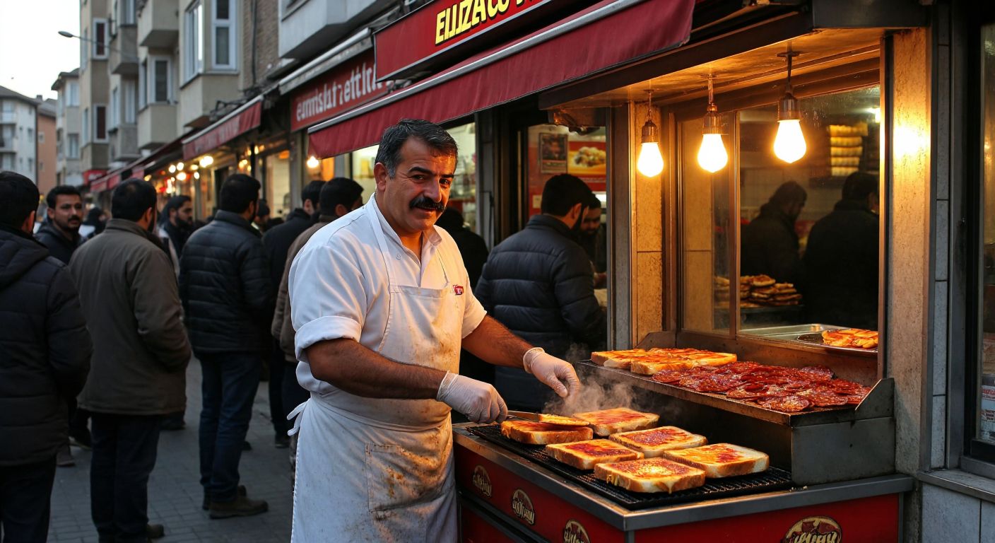 A bustling street in Elazığ with a small, warmly lit tost stand, where a mustachioed man in a white apron grills golden-brown toast filled with melted cheese and sucuk, surrounded by eager customers under a bright red awning.