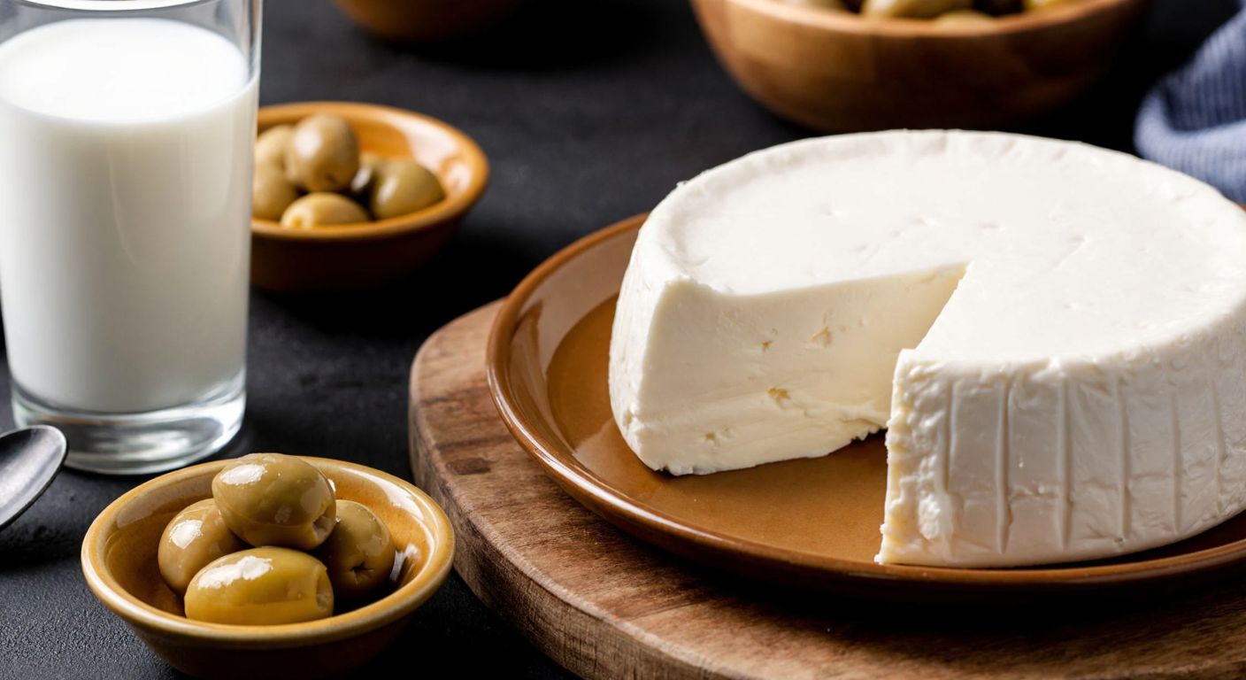 A close-up of a rustic wooden table in a Turkish kitchen, with a slice of creamy white Aho cheese on a ceramic plate, a glass of fresh milk beside it, and a bowl of olives, evoking warmth and health.