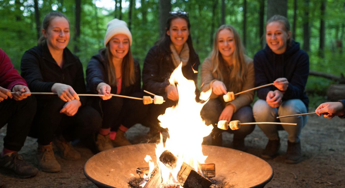 A group of people gathered around a crackling campfire in a forest, roasting golden-brown marshmallows on wooden sticks, their faces glowing with warmth and excitement.