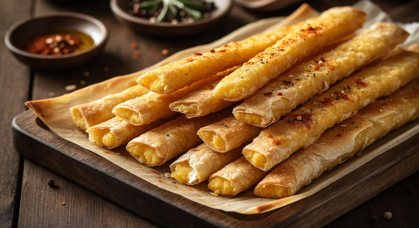 A close-up of golden, crispy corn sticks and thin, baked yufka strips arranged on a rustic wooden tray, with a sprinkle of spices and a drizzle of olive oil glistening under warm light.