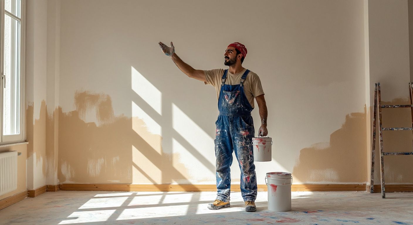 A Turkish worker in paint-splattered overalls stands in a sunlit room, holding a 5-liter paint can while gesturing toward freshly painted white and beige walls.