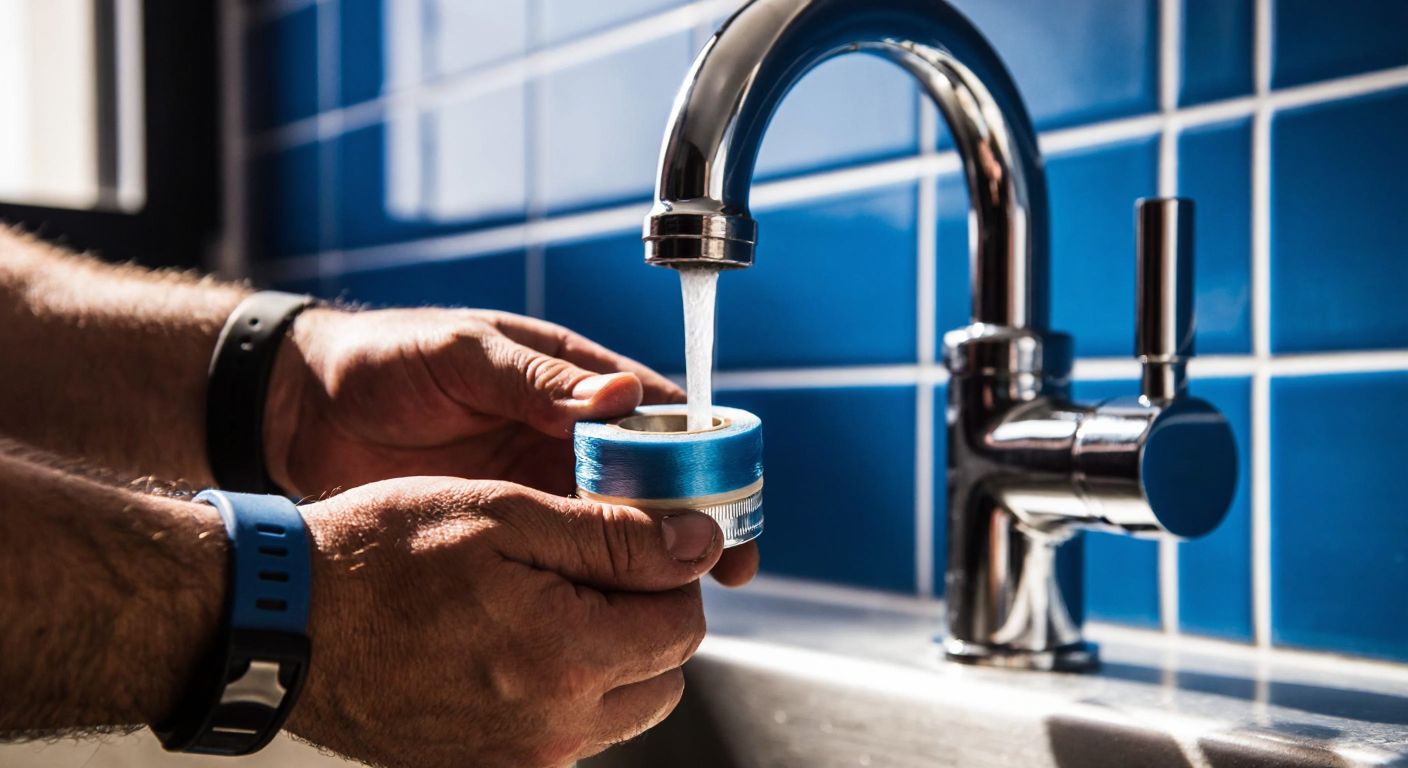 A close-up of a Turkish handyman’s rough, calloused hands carefully wrapping teflon tape around the threads of a shiny chrome faucet in a sunlit kitchen with blue ceramic tiles in the background.