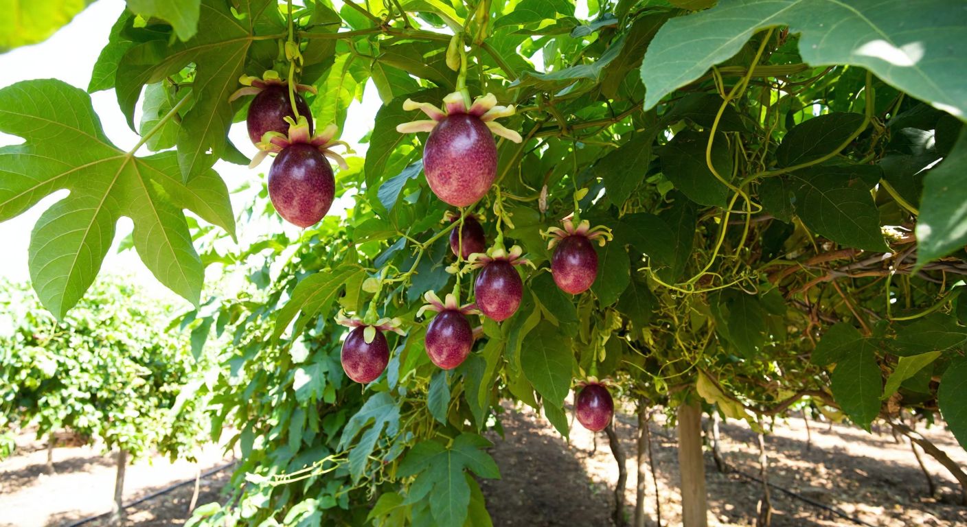 A lush tropical vine with vibrant purple passion fruits hanging under broad green leaves, set against the warm, sunlit backdrop of Antalya’s coastal orchards.
