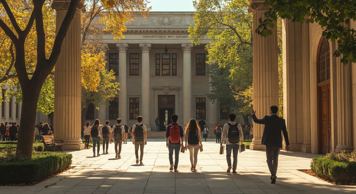 A sunlit university courtyard in Ankara, with students carrying books and backpacks, walking past a grand academic building with columns, while a professor in a suit gestures toward a signless doorway leading to lecture halls.