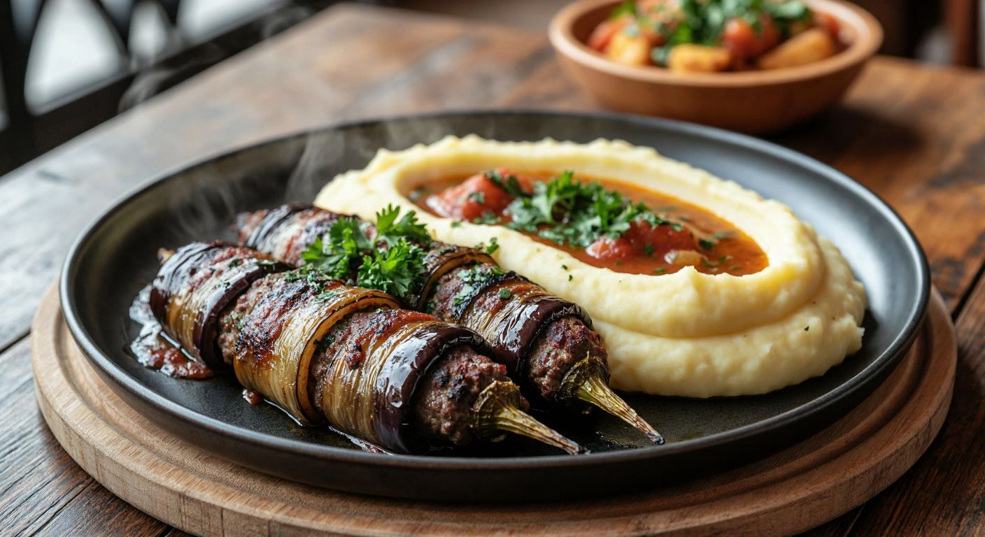 A steaming plate of **İslim Kebabı** (tender lamb wrapped in eggplant) sits beside a creamy mound of **mashed potatoes**, garnished with fresh parsley, on a rustic wooden table in a cozy Turkish kitchen.