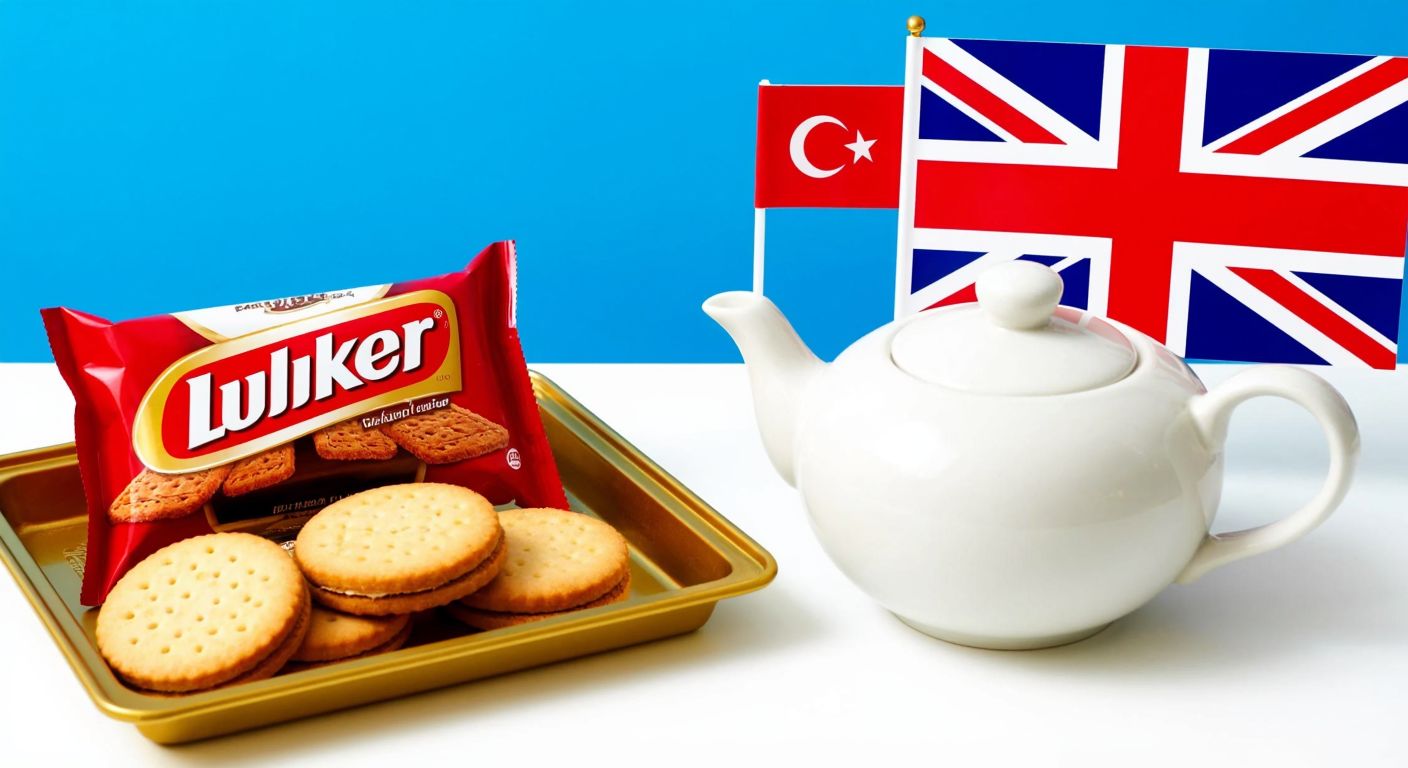 A golden tray of Ülker biscuits beside a British-style teapot with McVitie's cookies, separated by a small Turkish flag on one side and a Union Jack on the other, symbolizing their distinct origins.