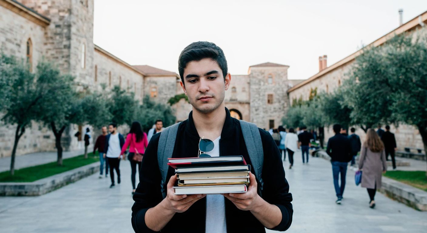 A young student in a bustling Turkish university courtyard, holding a stack of books with a focused expression, surrounded by historic stone buildings and olive trees.