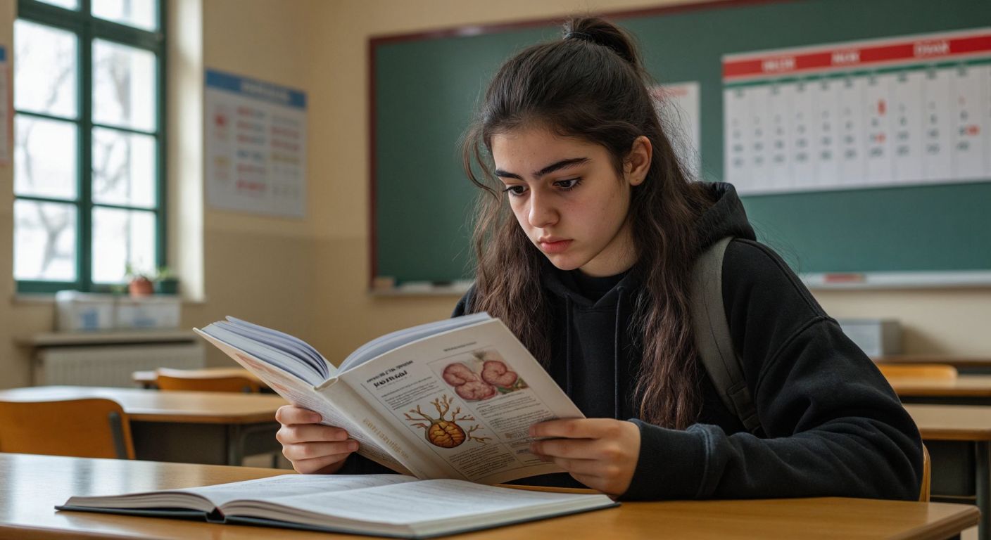 A Turkish high school student in a classroom, anxiously flipping through a biology textbook while glancing at a blank exam paper on their desk, with a wall calendar showing December in the background.