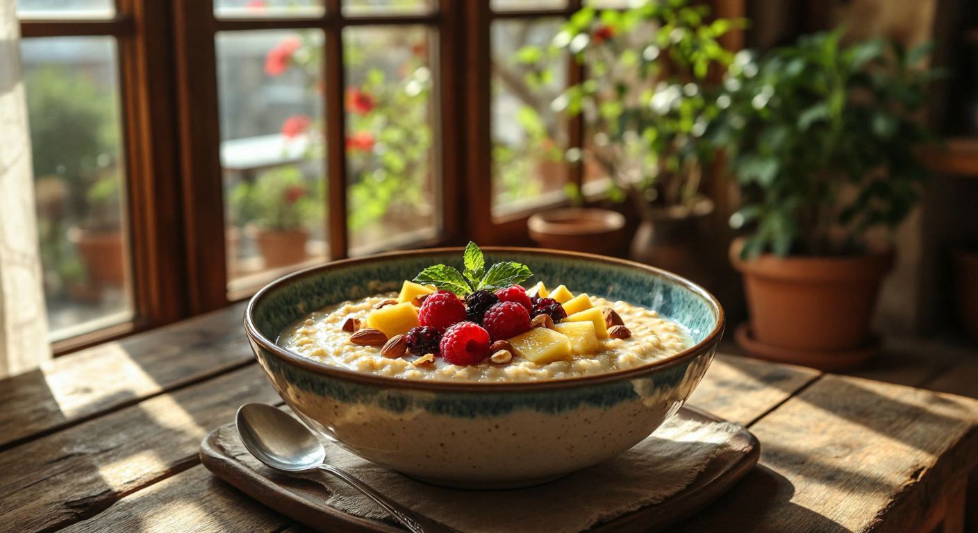 A warm bowl of creamy oatmeal topped with fresh fruits and nuts, placed on a rustic wooden table in a cozy Turkish kitchen with sunlight streaming through the window.