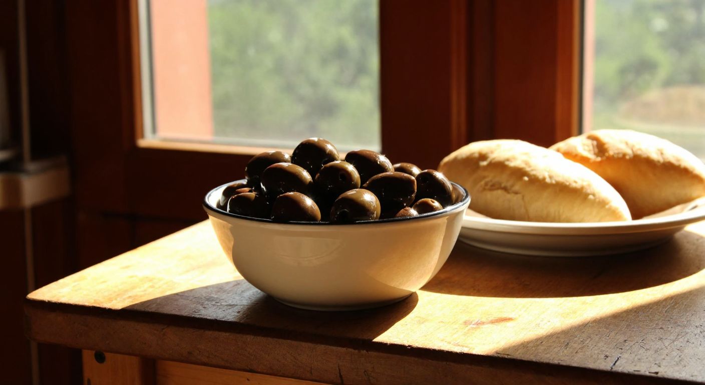 A rustic wooden table in a Turkish kitchen, topped with a bowl of glossy black Gemlik olives and a small plate of fresh bread, bathed in warm sunlight from a nearby window.