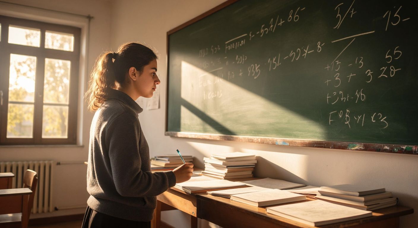 A Turkish student in a sunlit classroom writes mathematical equations on a chalkboard, with a focused expression and a pile of notebooks nearby.