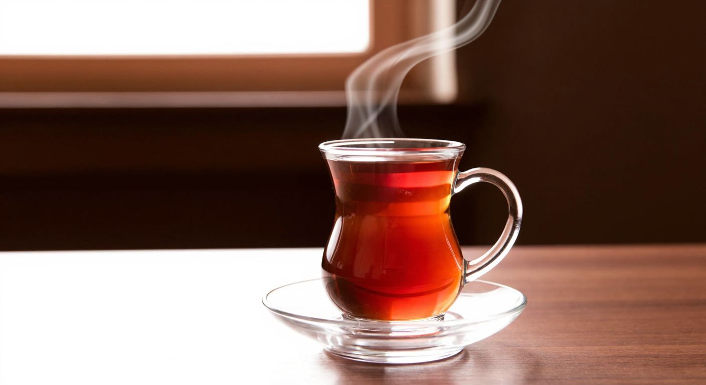 A delicate, clear glass teacup with a classic tulip shape, resting on a saucer, placed on a wooden table with steam rising from freshly brewed Turkish tea in the background.