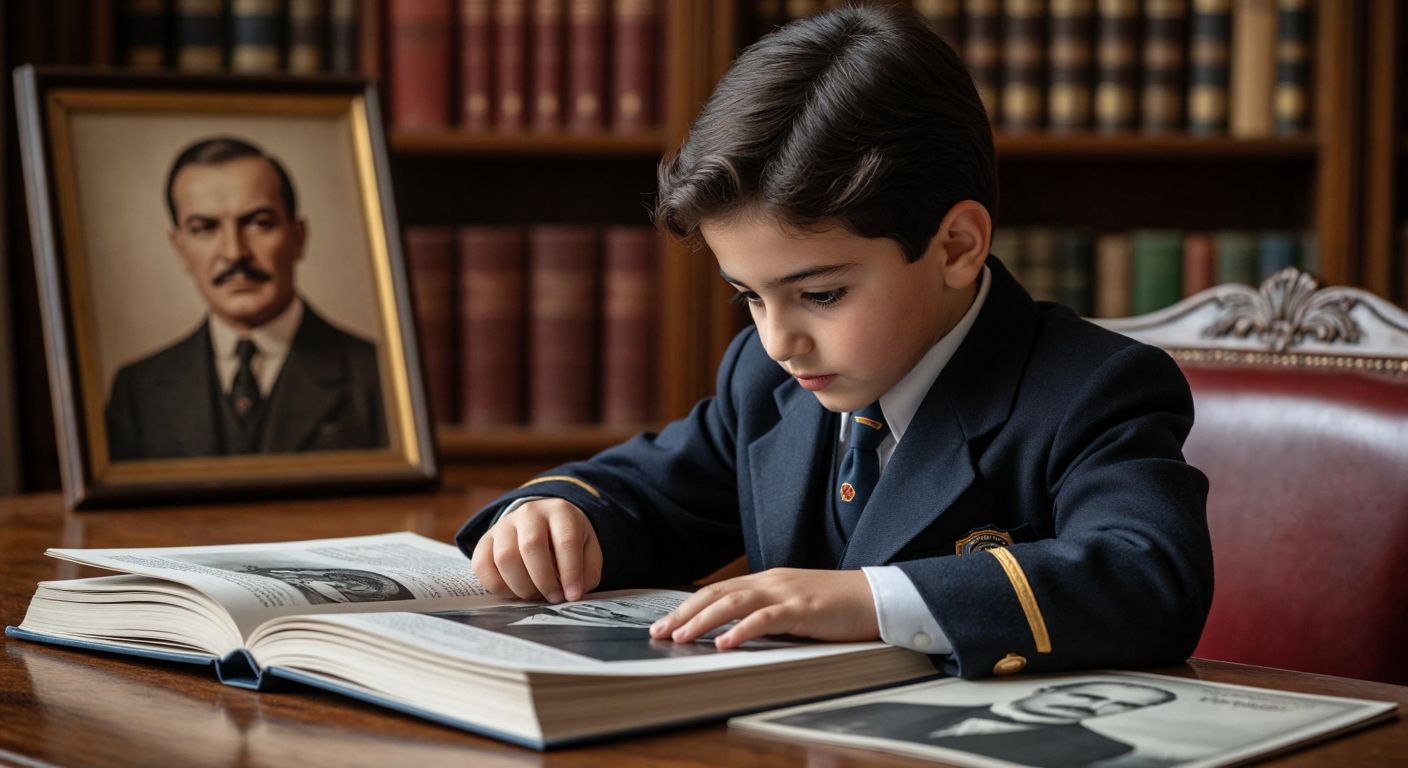 A young Turkish student in a school uniform intently studies an open history textbook with a portrait of Mustafa Kemal Atatürk beside illustrations of historical figures like Namık Kemal and Ziya Gökalp.