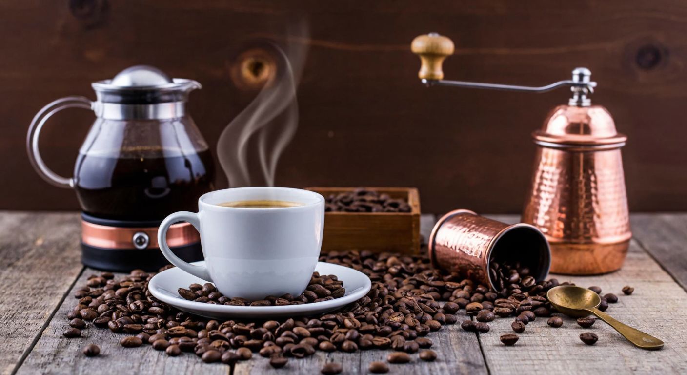 A steaming cup of rich espresso with aromatic coffee beans spilling out onto a rustic wooden table, surrounded by a French press and a traditional Turkish copper coffee grinder.