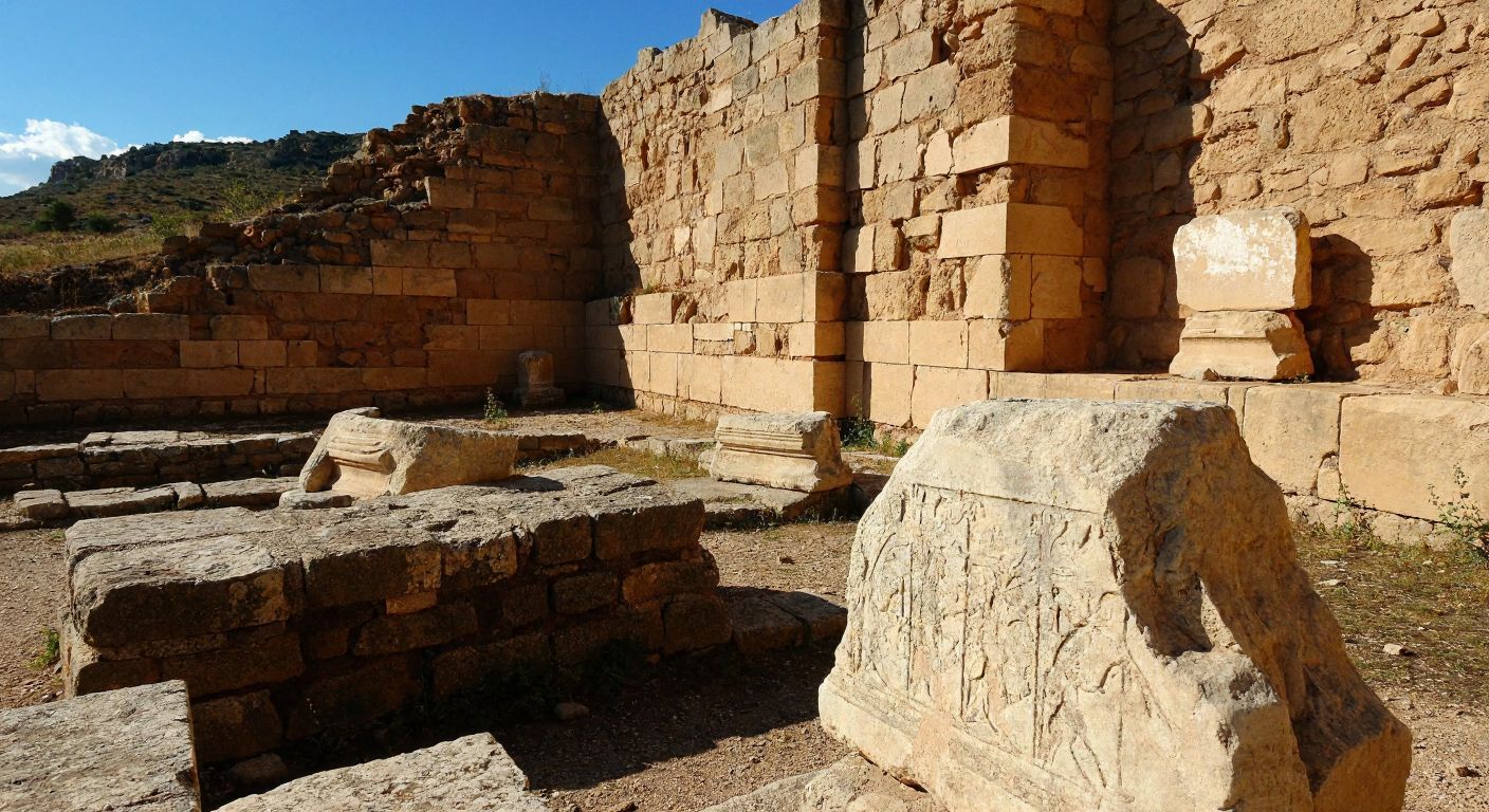 A sunlit archaeological site in central Turkey, with weathered stone walls, fragments of ancient clay tablets, and the partial remains of a monumental structure, evoking the layers of history at Büklükale.