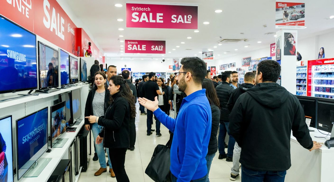 A bustling Turkish electronics store with customers excitedly examining discounted Samsung and Skytech TVs under bright sale banners, while a shop assistant gestures toward the displays.