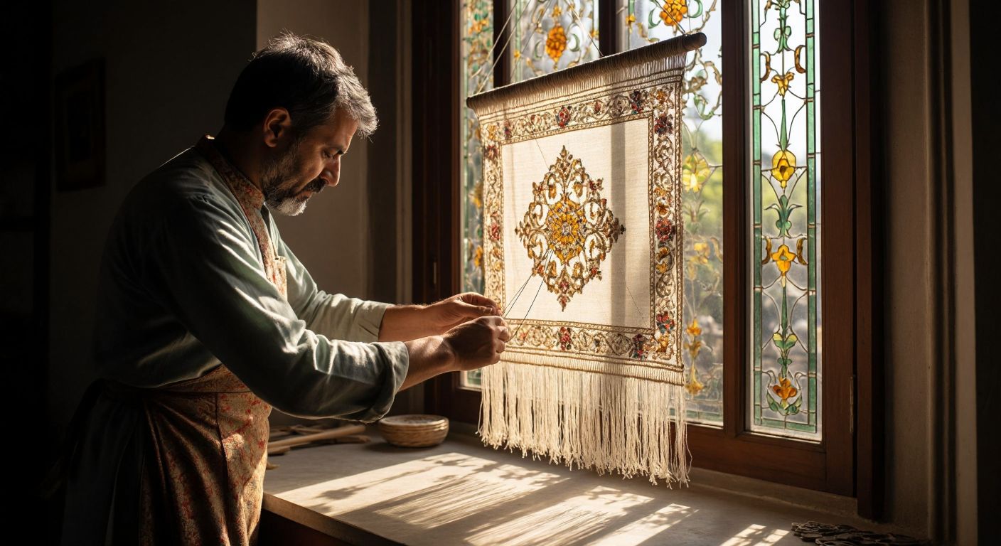 A skilled artisan’s hands carefully pull threads from an embroidered fabric to create a delicate fringe, while sunlight filters through a traditional Turkish glass saçak above a grand building’s entrance.