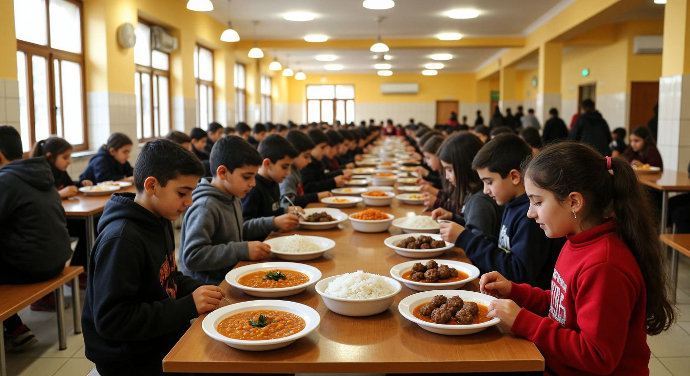 A bustling Turkish school cafeteria with long wooden tables filled with students sharing steaming plates of lentil soup, rice, and köfte, under warm yellow lighting.