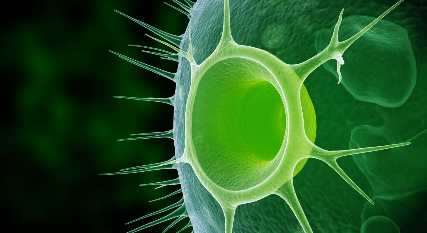 A translucent, rigid plant cell wall surrounds a vibrant green cell, resembling a sturdy fortress with tiny fibrous strands of cellulose, protecting the delicate inner structures from external pressures.