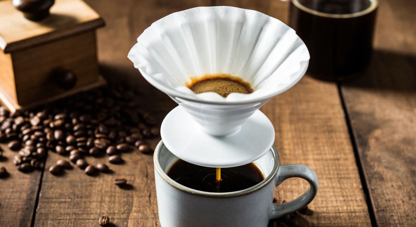 A close-up of a single white Hario V60 paper coffee filter resting on a rustic wooden table, with freshly brewed coffee dripping into a ceramic cup below, surrounded by scattered coffee beans and a warm, inviting glow.