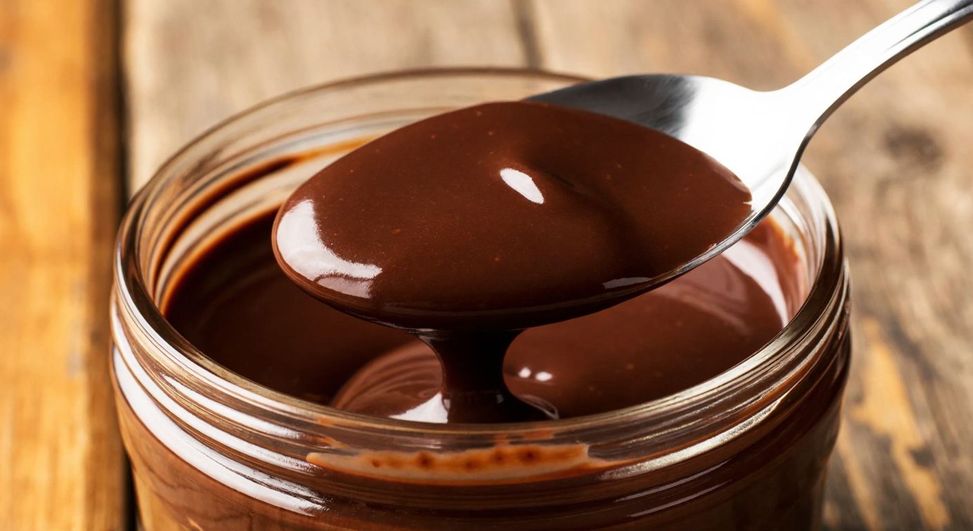 A close-up of a shiny silver spoon scooping rich, creamy Nutella from a glass jar, with a warm golden light highlighting its smooth texture against a rustic wooden table.