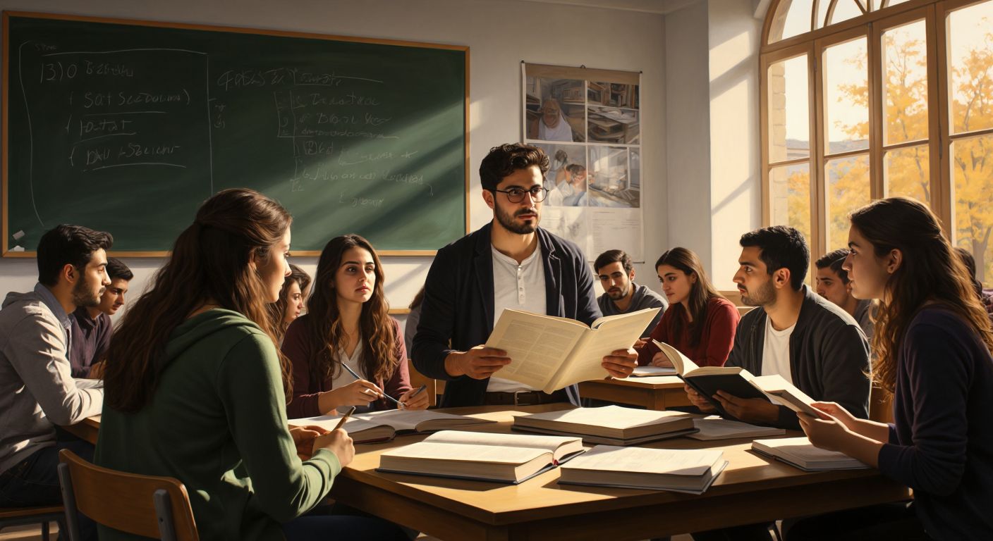 A group of Turkish university students of varying genders and academic backgrounds sit in a sunlit classroom, thoughtfully discussing with a professor holding open research papers, surrounded by stacks of books and a blackboard with erased chalk marks.