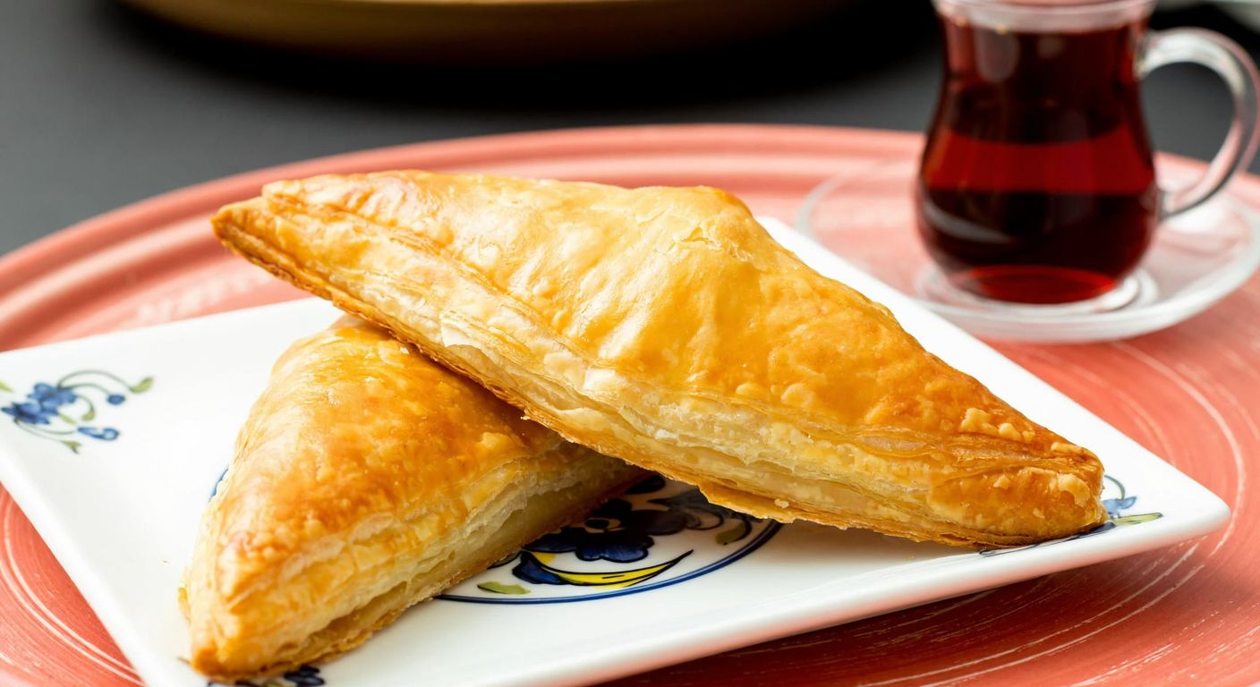 A golden-brown triangular pastry filled with cheese, made from thin baklava dough, resting on a traditional Turkish ceramic plate with a steaming cup of çay in the background.
