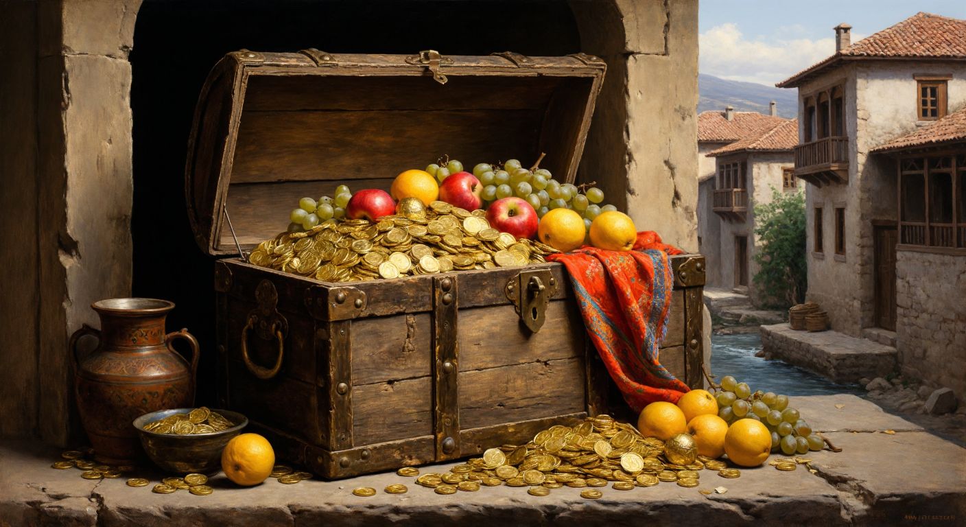 A weathered wooden chest overflowing with colorful fabrics, golden coins, and ripe fruits, symbolizing abundance and wise accumulation, set against a warm Anatolian village backdrop.