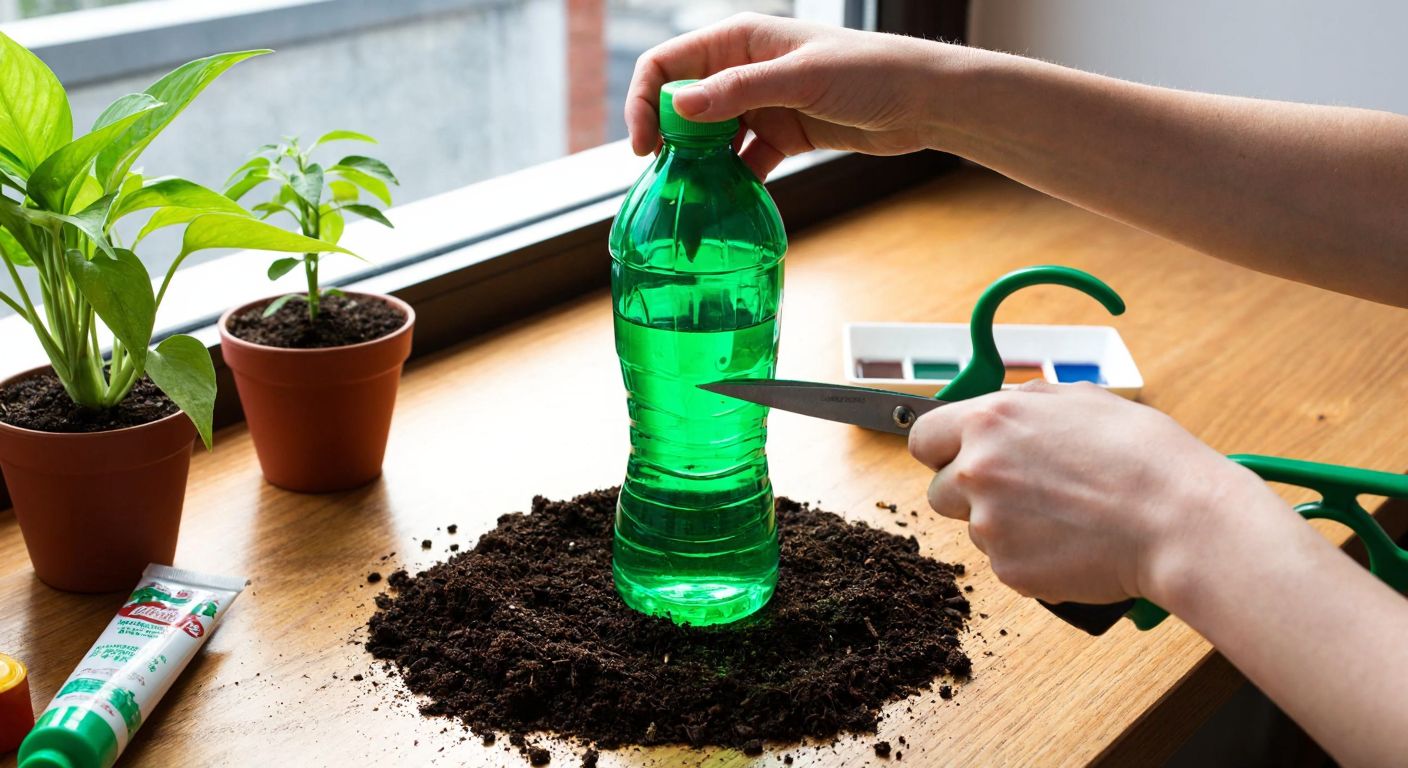 A pair of hands carefully cutting a green plastic bottle with scissors on a wooden table, surrounded by soil, small plants, and colorful acrylic paints, with sunlight streaming through a balcony window.