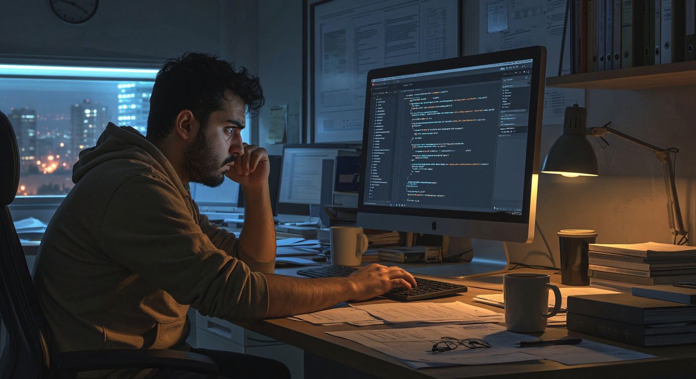 A frustrated Turkish software developer in a dimly lit office stares at a glowing computer screen displaying an unopened CVB file, surrounded by coffee cups and technical manuals.