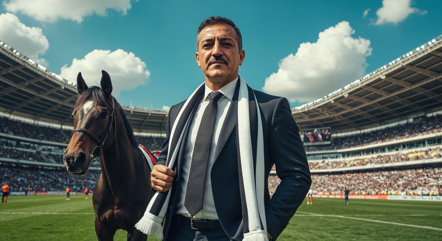 A confident middle-aged Turkish man in a sharp suit stands proudly in front of a bustling football stadium, holding a black-and-white striped scarf, while a sleek racehorse trots beside him under a bright blue sky.