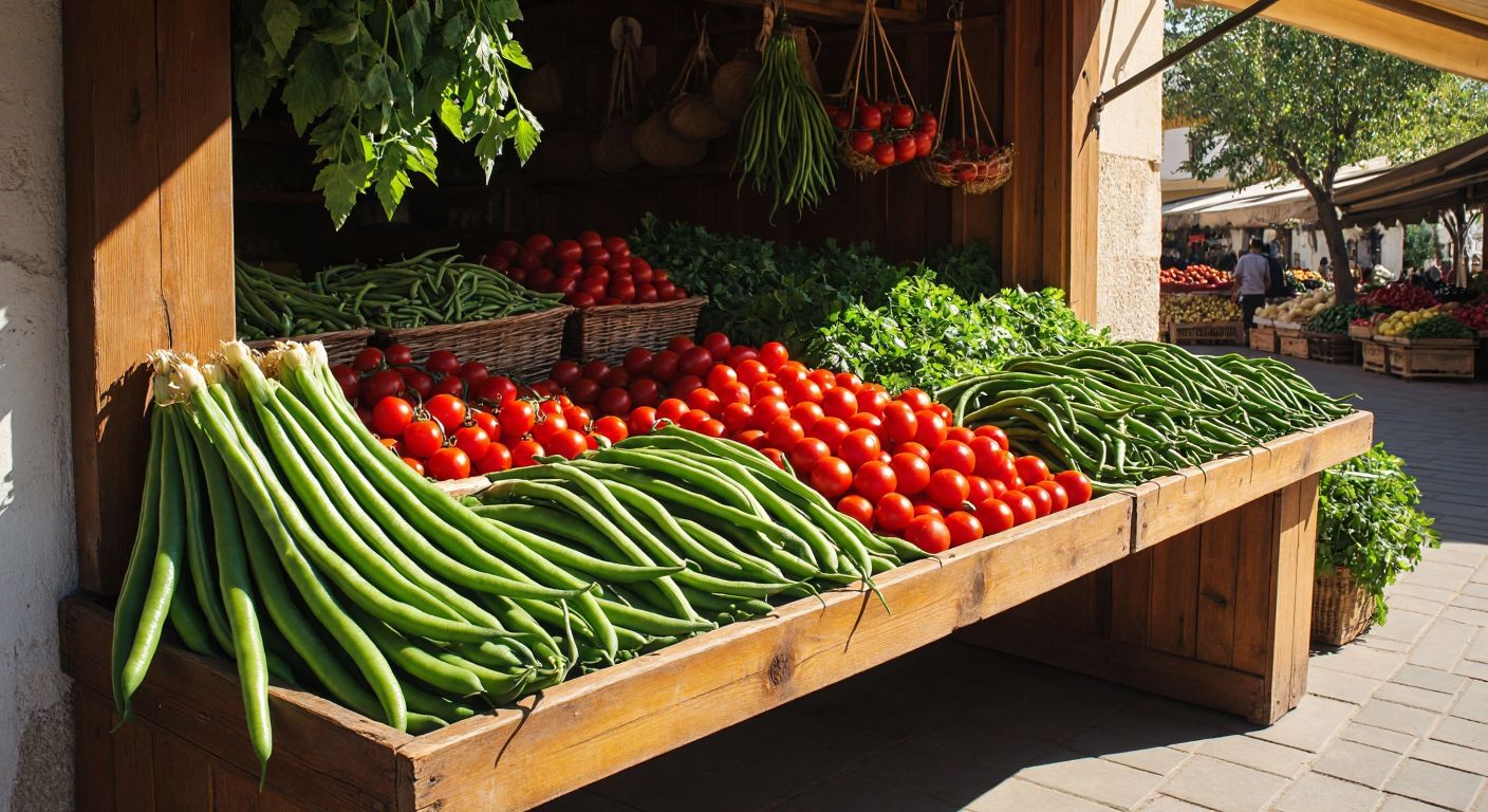 A vibrant wooden market stall in Turkey overflows with fresh **cherry tomatoes, green almonds, runner beans, wild leeks, and long green peppers**, bathed in warm sunlight.