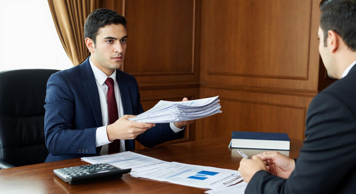 A determined Turkish businessperson in a formal office setting holds a stack of invoices while discussing with a lawyer, surrounded by legal documents and a calculator on a wooden desk.