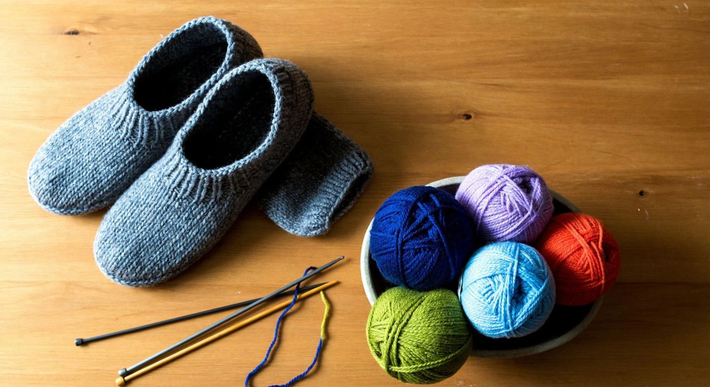 A pair of cozy knitted slippers resting on a wooden table next to a small pile of colorful yarn balls, with knitting needles tucked neatly beside them.
