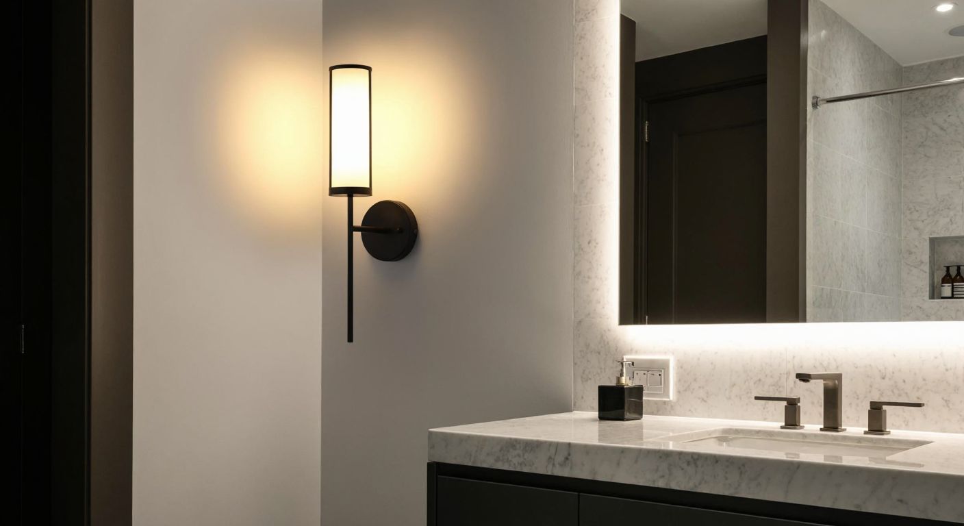 A sleek, modern bathroom with a vertical wall-mounted sconce casting warm light onto a marble countertop, reflecting a clean and elegant Turkish interior design aesthetic.