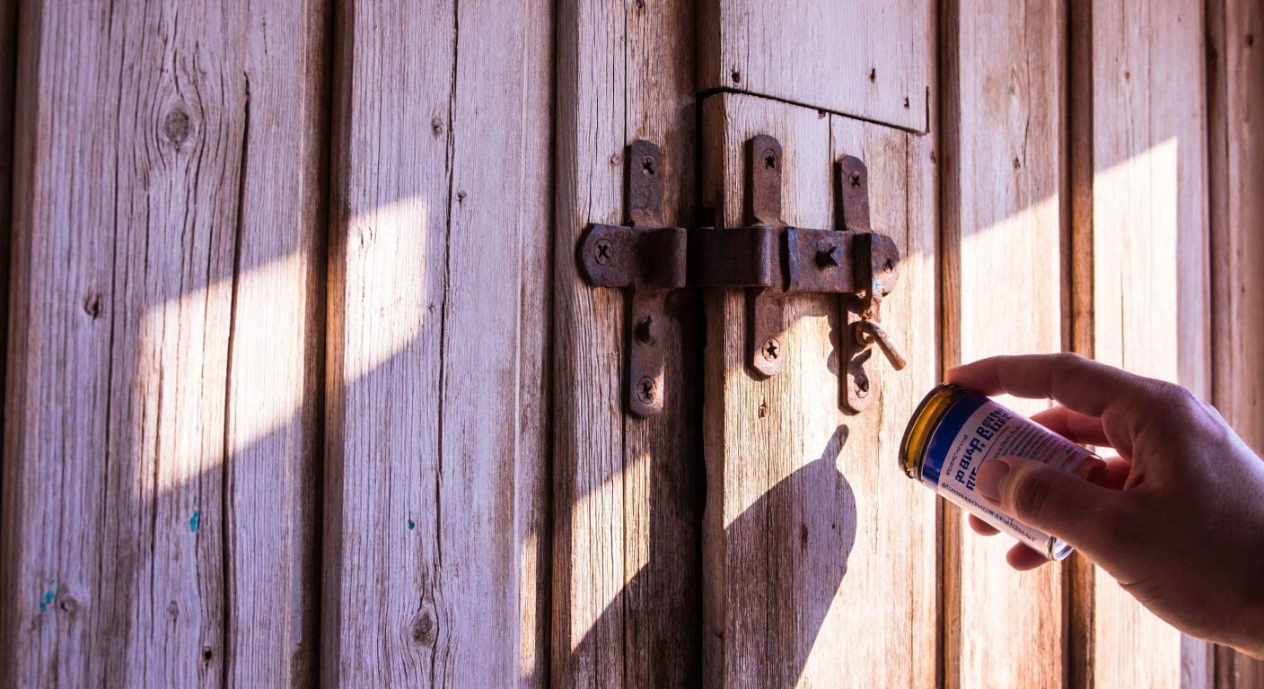 A close-up of a weathered wooden door in a traditional Turkish home, with rusty hinges being oiled by a hand holding a small can of lubricant, while sunlight streams through the gap.
