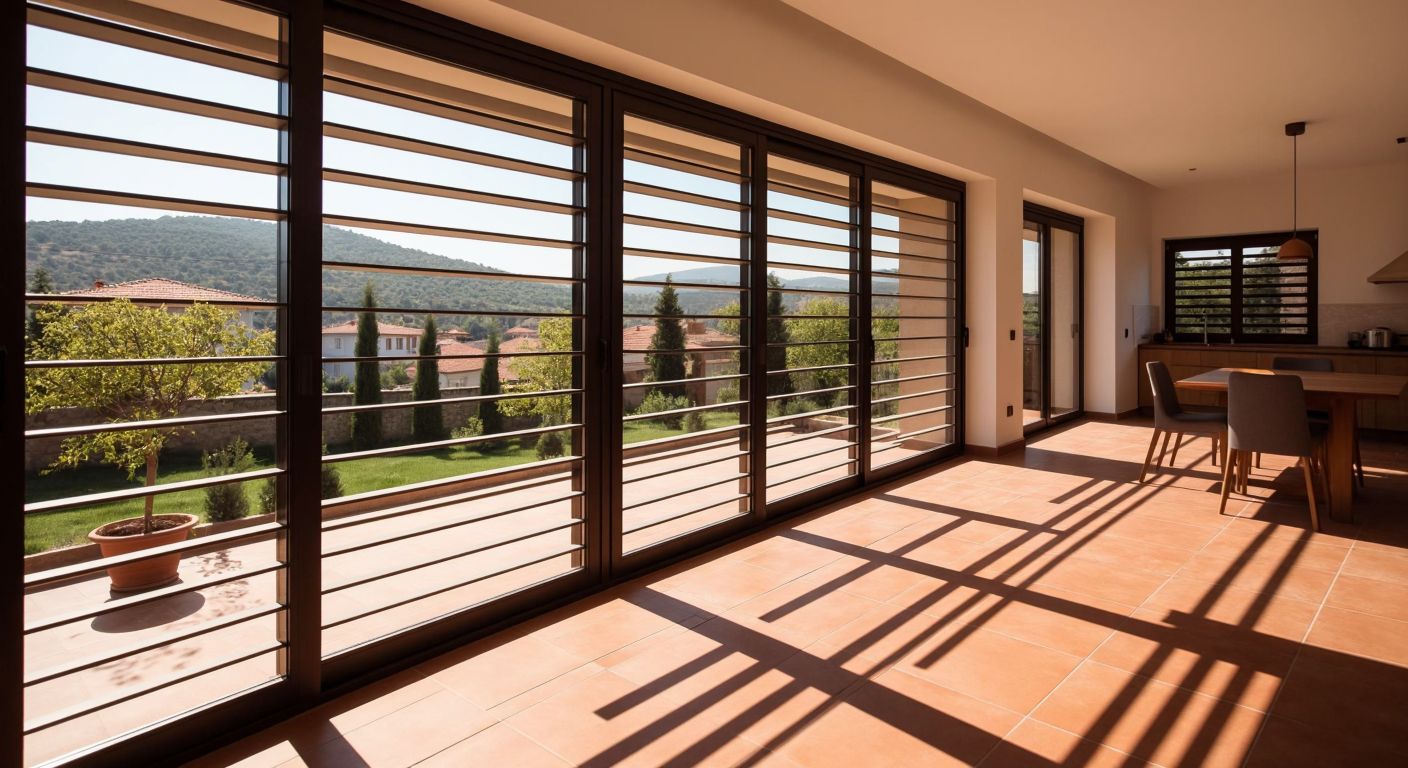 A sunlit Turkish home with sleek aluminum shutters partially lowered over a large window, casting neat shadows on the terracotta-tiled floor inside.