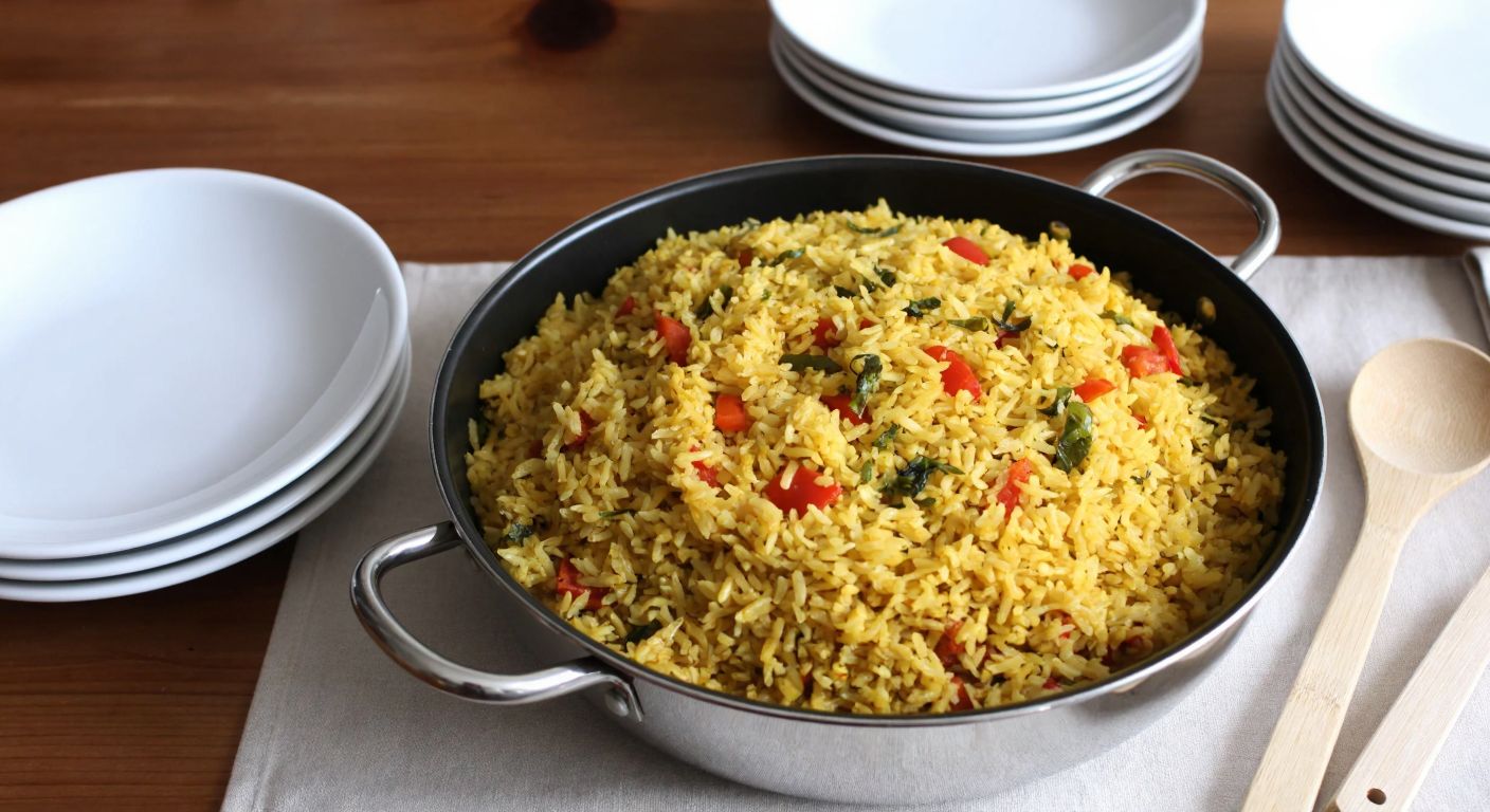 A steaming pot of golden Turkish rice pilaf sits on a wooden table, surrounded by twelve empty plates and a stack of three more, with a wooden spoon resting beside the pot.