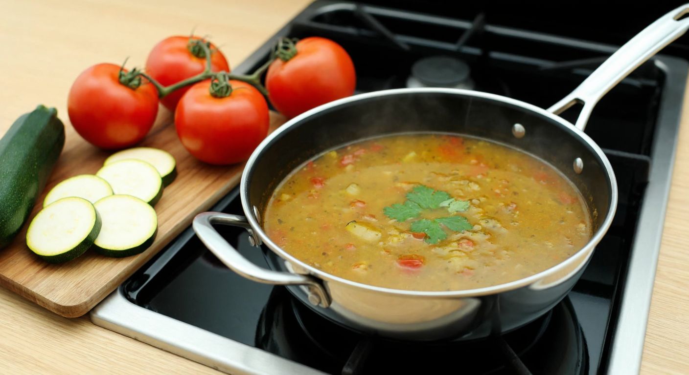 A steaming pot of green zucchini and tomato soup simmering on a stovetop, with fresh zucchini slices and ripe tomatoes on a wooden cutting board nearby, evoking warmth and comfort in a Turkish kitchen.
