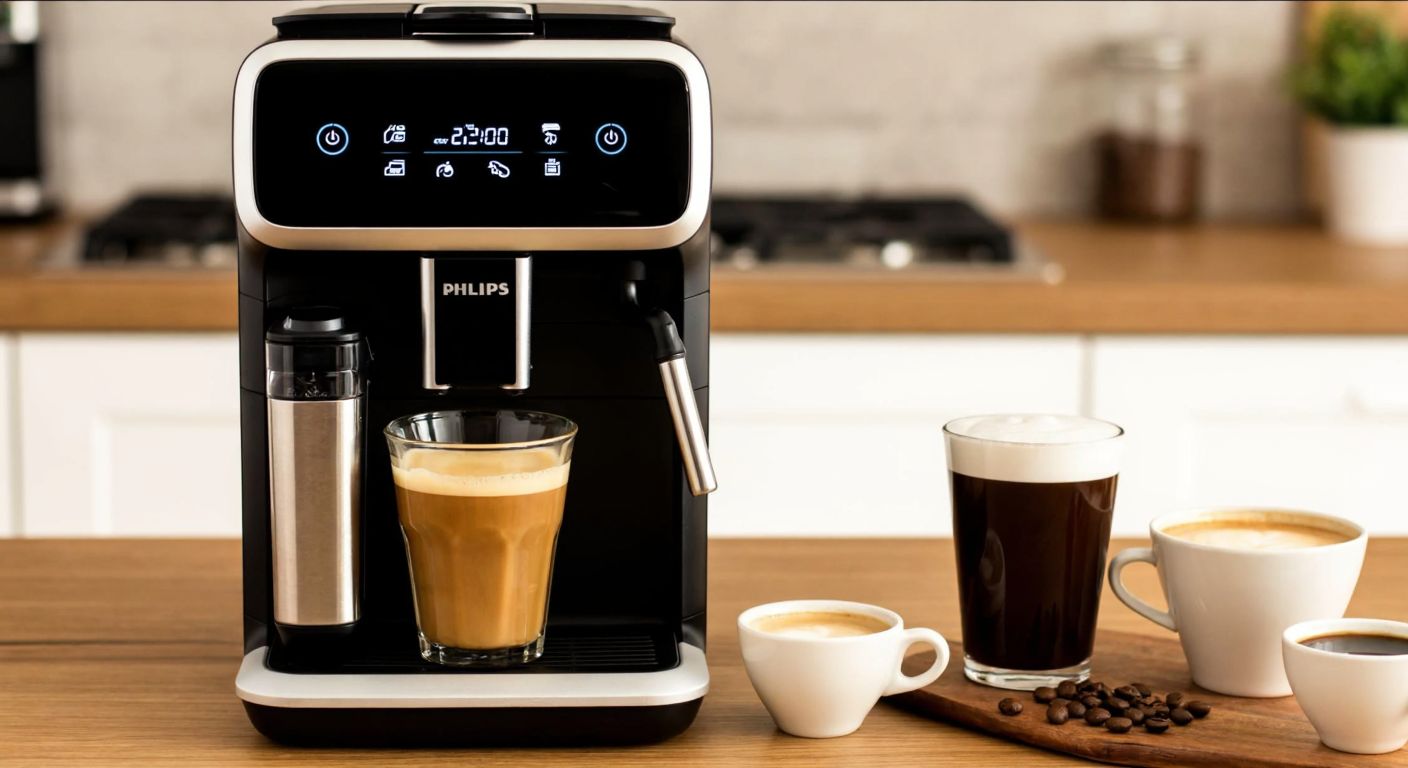 A sleek Philips EP5447/90 coffee machine with a TFT LCD screen sits beside a simpler EP2220/10 model, surrounded by cups of espresso, cappuccino, and latte macchiato, highlighting their differences in functionality and beverage variety.