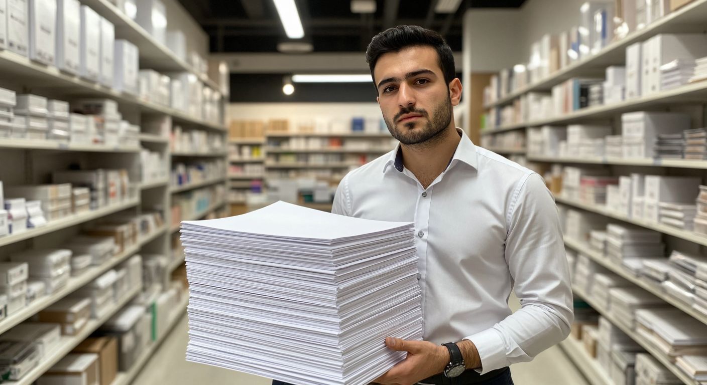 A neatly stacked pile of white A4 paper sheets with a Turkish office worker in a crisp shirt looking thoughtfully at them, surrounded by shelves of office supplies in a bright, organized stationery store.