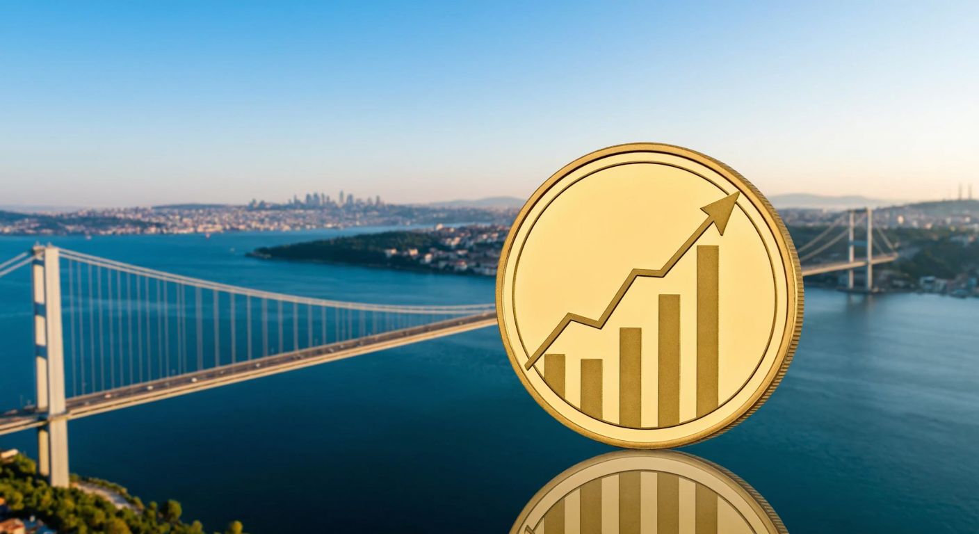 A golden coin with a rising graph pattern against a backdrop of the Bosphorus Bridge in Istanbul, symbolizing financial growth and investment.