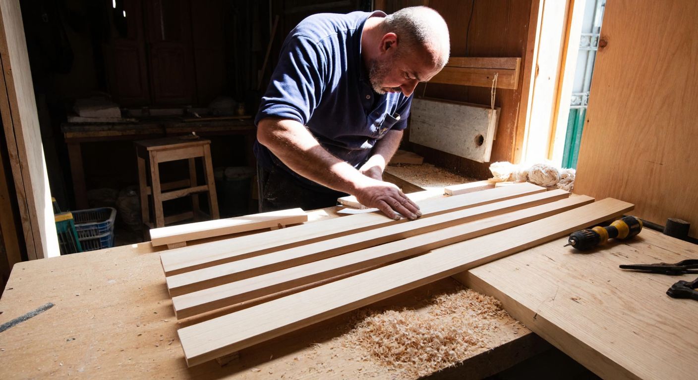 A skilled craftsman in Bursa carefully shapes horizontal wooden slats for a louvered cabinet door in a sunlit workshop, surrounded by wood shavings and tools.